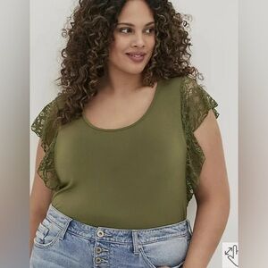 Torrid 4 Olive Green Top Super Soft Knit Flutter Lace Sleeve Plus Size 4X 26